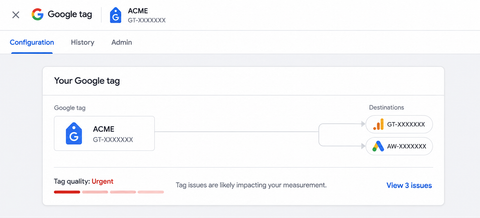 Google Tag Diagnostics showing tag quality issues