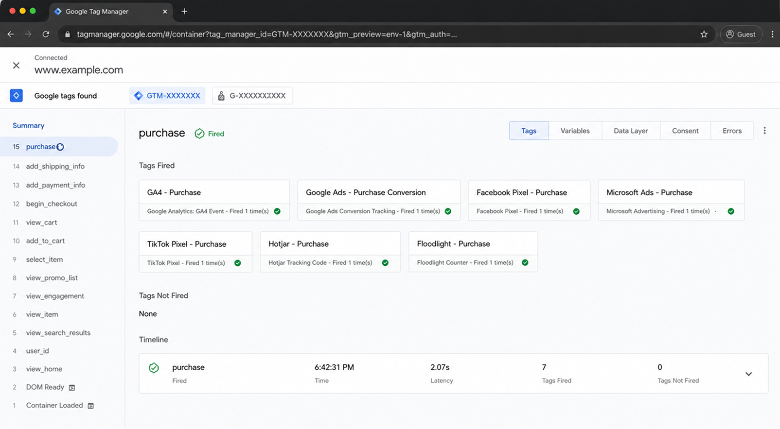 Google Tag Manager debugger showing tags fired successfully on a purchase event